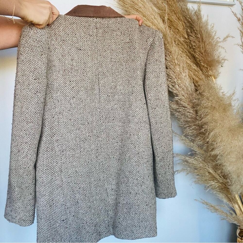 VINTAGE Cream White Brown Faux Suede Tweed Blazer Button Front Pocket Jacket S - Picture 4 of 7